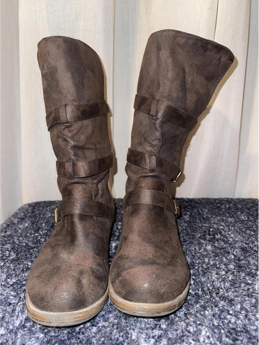 Crown Vintage Women's Brown Faux Suede Mid-Calf Buckle Boots